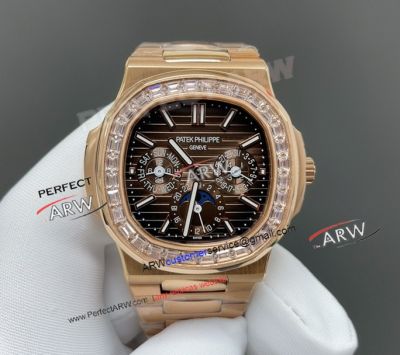 PPF Swiss Replica Patek Philippe Nautilus Perpetual Calendar Rose Gold Diamond Bezel Watch 